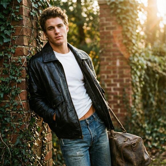 Unbranded Other - Vintage Black Leather Heavy Jacket Mens M Utility Bomber Zipper Pockets 90s